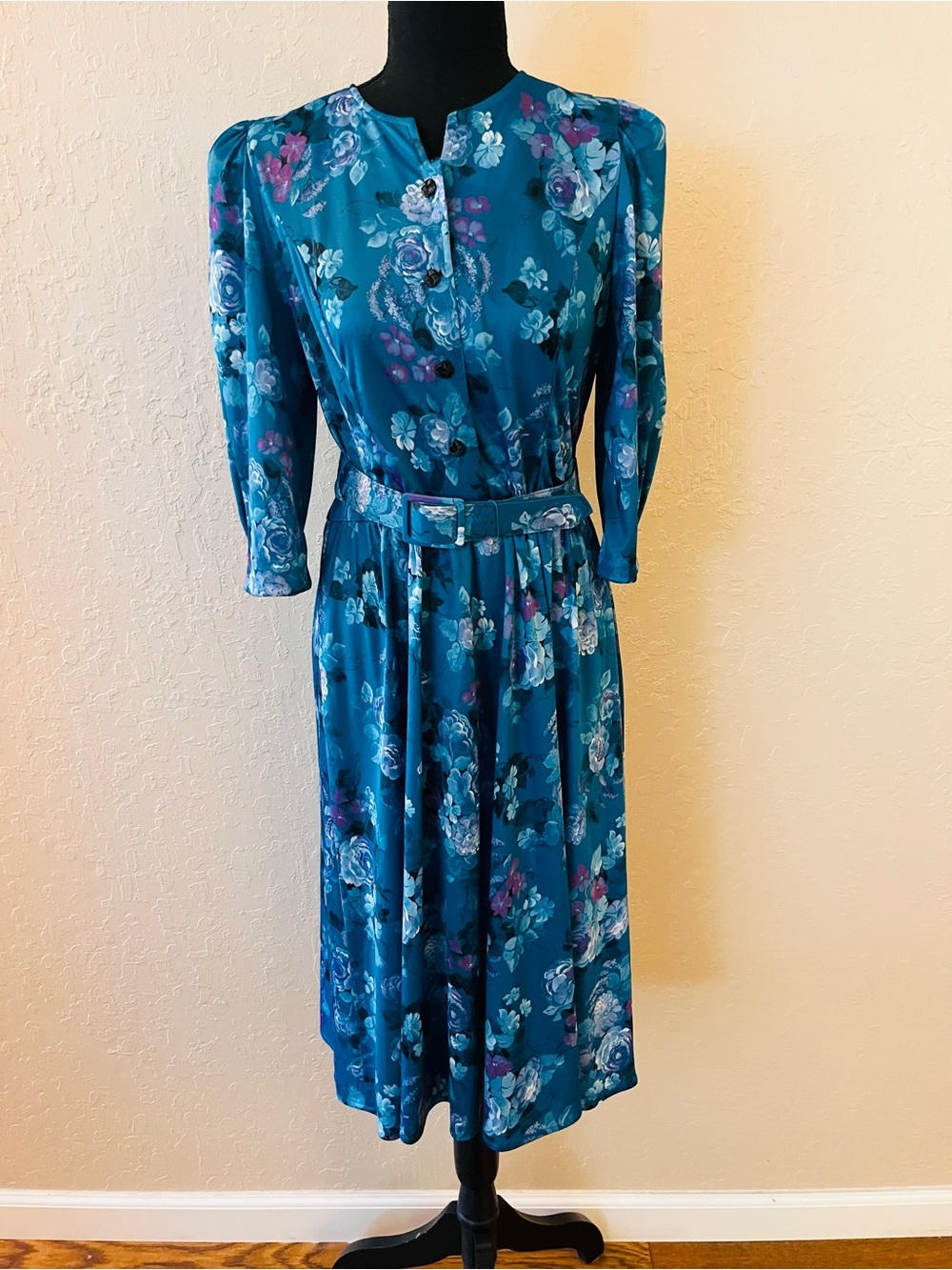 Vintage‎ Satin Teal Floral Belted Midi Dress - Women